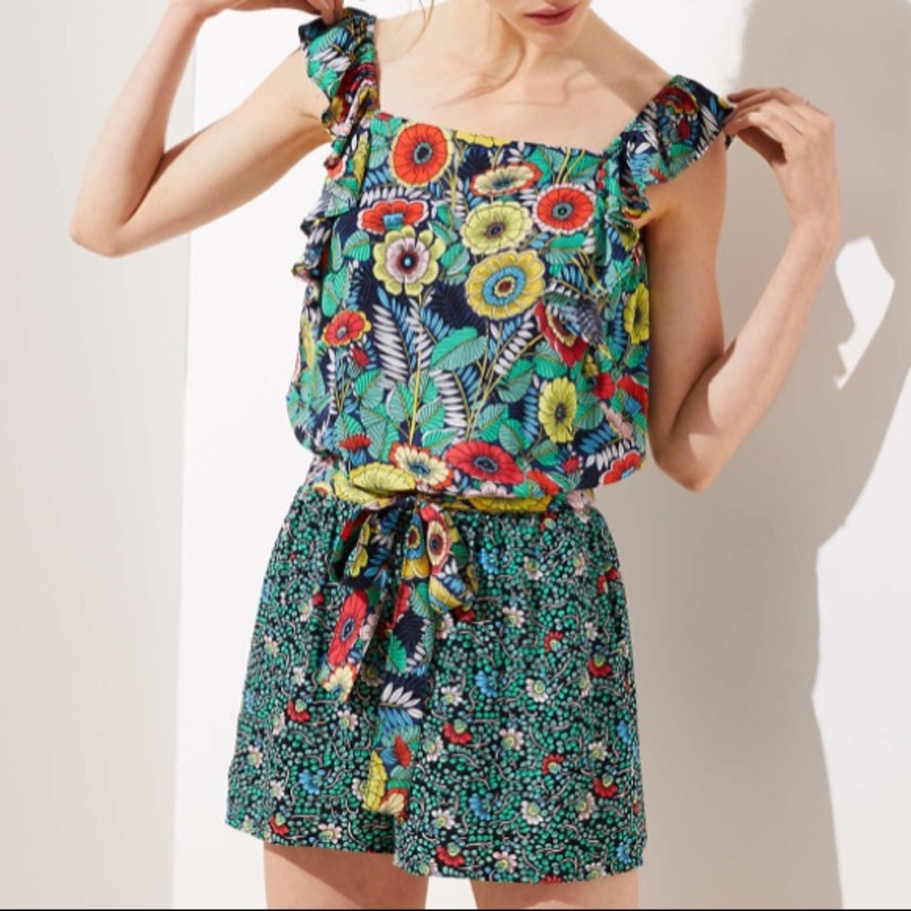 Loft Beach garden tie waist romper shorts floral L